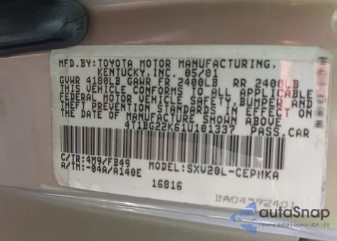 2001 Toyota Camry Le z USA, uszkodzony, nr VIN 4T1BG22K61U101337